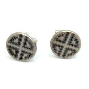 Round Silver Tone HICOCK Cuff Links WIth Black Accent Engraved Design